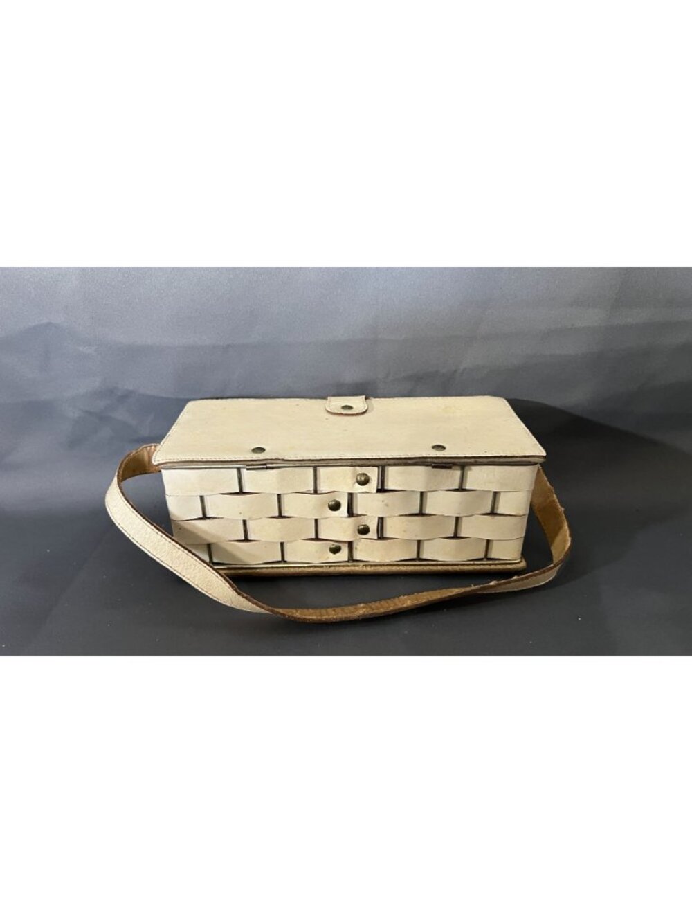 Vintage White Woven Leather Basket Handbag With Brass Closure Strap - Picture 3 of 13